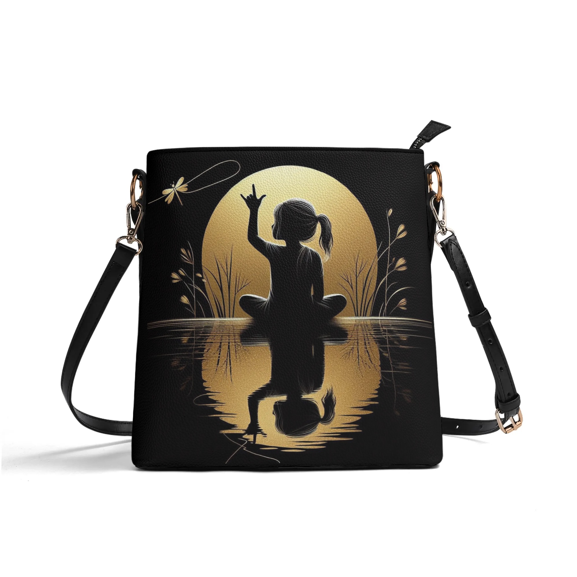 ASL Golden Dreams: Whispering to Dragonflies PU Bucket Bag - Great Gift for ASL Teacher, Gift for Interpreter, ASL Student Gift, Unique Gift for Her,