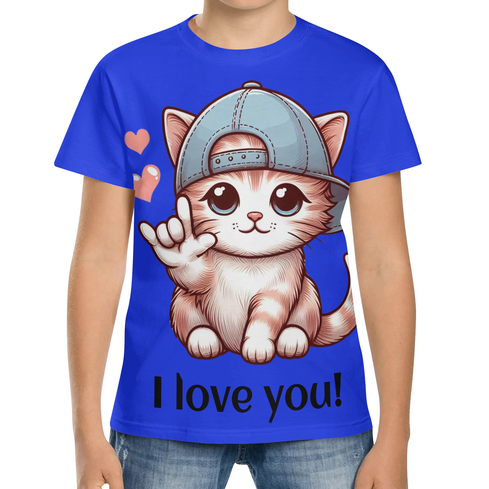 Kids' T-Shirt: Signing Cat in Baseball Cap (ASL I Love You) Short Sleeve T-Shirt