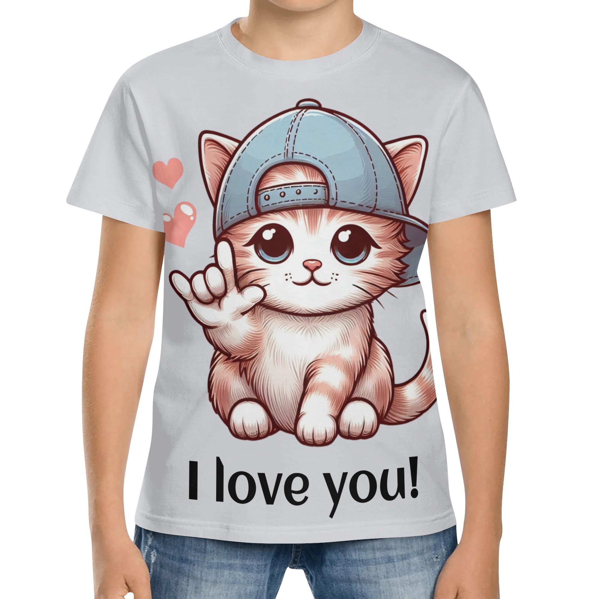 Kids' T-Shirt: Signing Cat in Baseball Cap (ASL I Love You) Short Sleeve T-Shirt