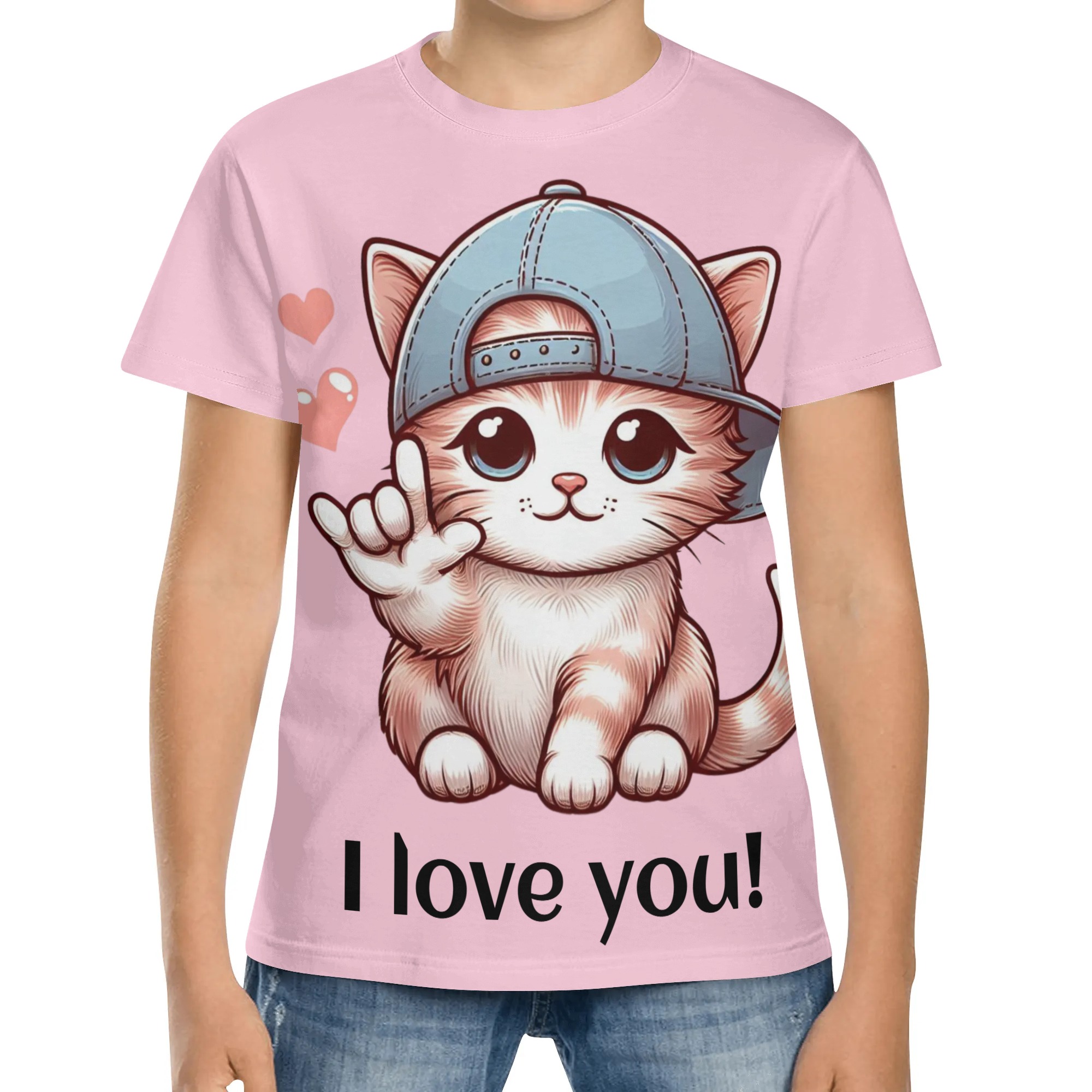Kids' T-Shirt: Signing Cat in Baseball Cap (ASL I Love You) Short Sleeve T-Shirt