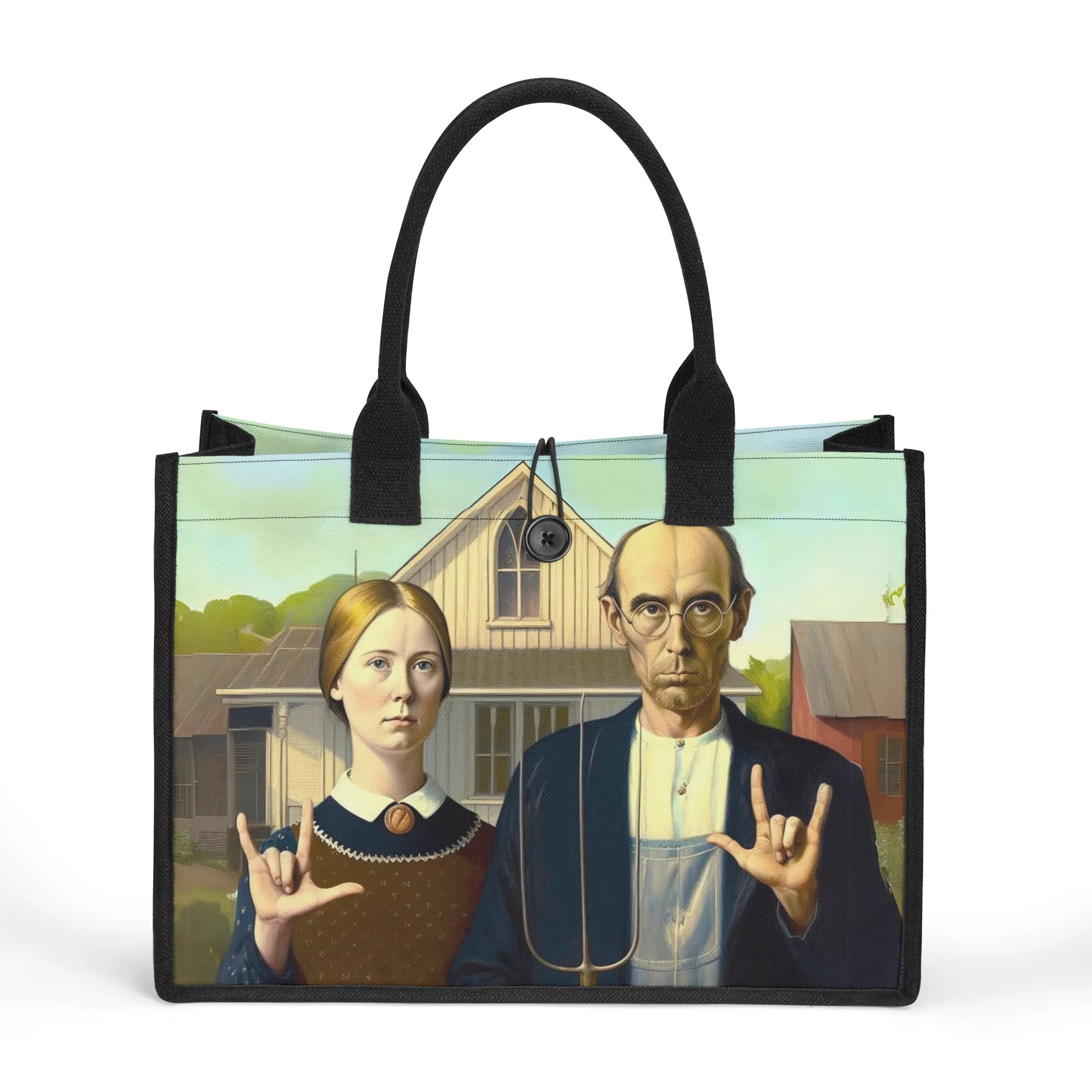 ASL Gift Tote: American Gothic "I Love You" Sign, Premium All-Over Print Canvas Tote Bag（3 layers）